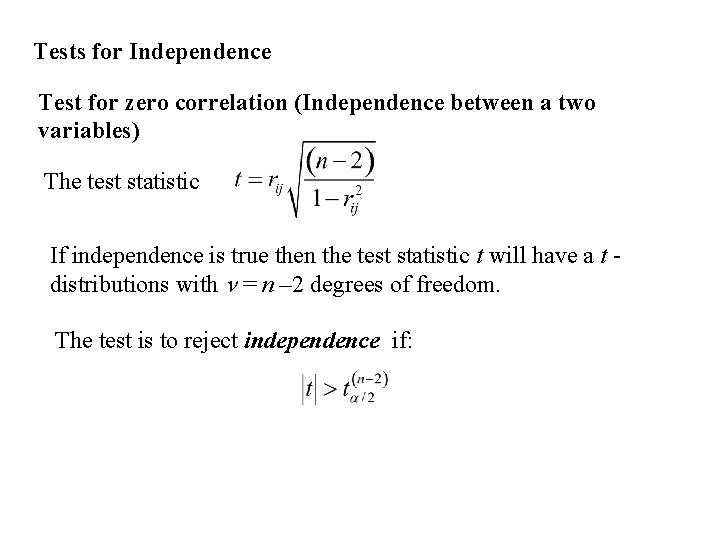 Tests for Independence Test for zero correlation (Independence between a two variables) The test