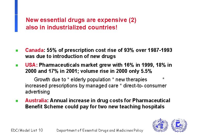 New essential drugs are expensive (2) also in industrialized countries! n Canada: 55% of