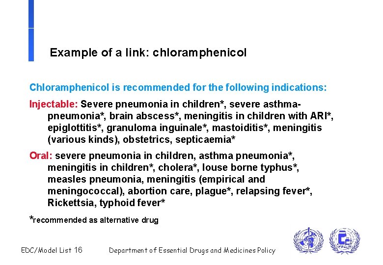 Example of a link: chloramphenicol Chloramphenicol is recommended for the following indications: Injectable: Severe