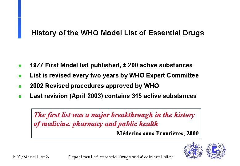 History of the WHO Model List of Essential Drugs n 1977 First Model list