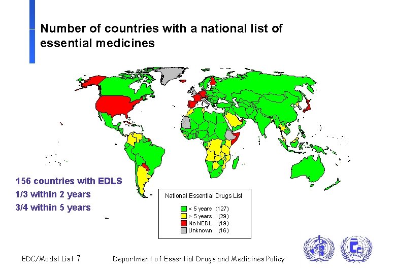 Number of countries with a national list of essential medicines 156 countries with EDLS