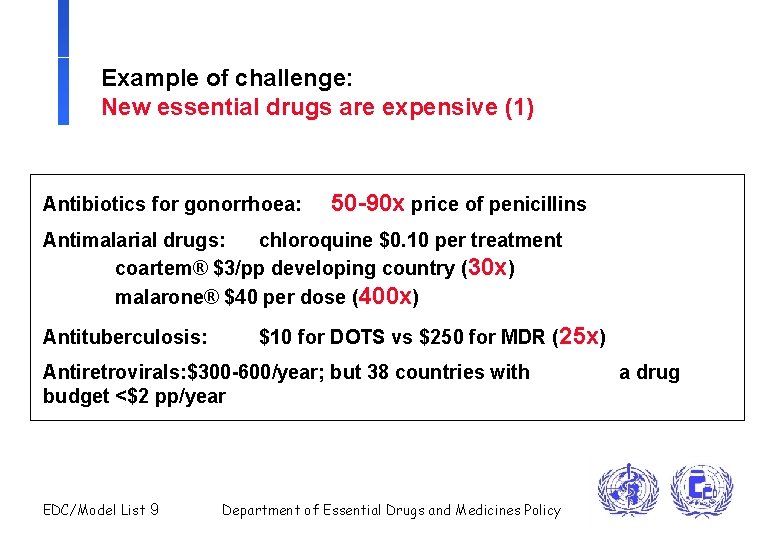 Example of challenge: New essential drugs are expensive (1) Antibiotics for gonorrhoea: 50 -90