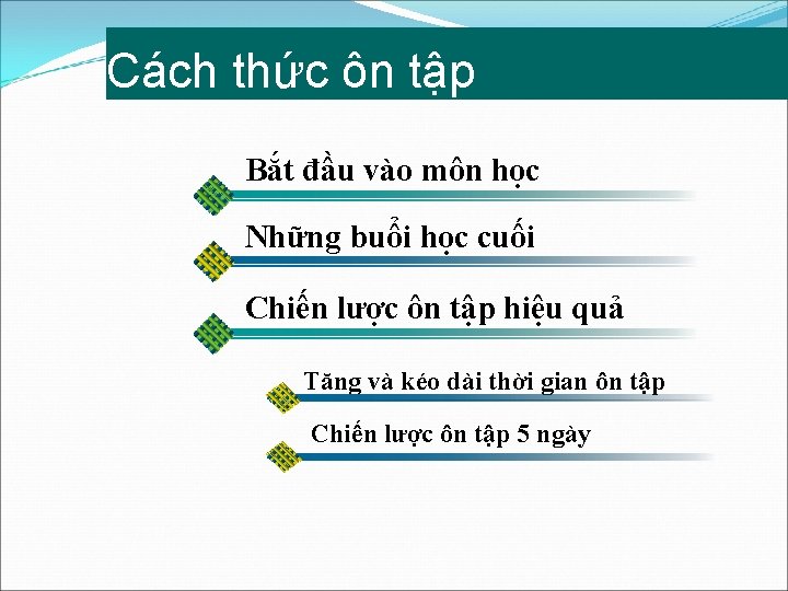 Cách thức ôn tập Bắt đầu vào môn học Những buổi học cuối Chiến