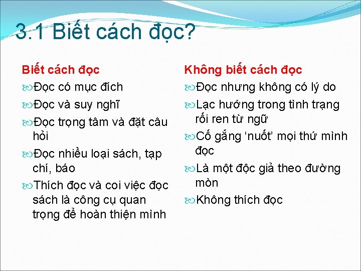 3. 1 Biết cách đọc? Biết cách đọc Đọc có mục đích Đọc và