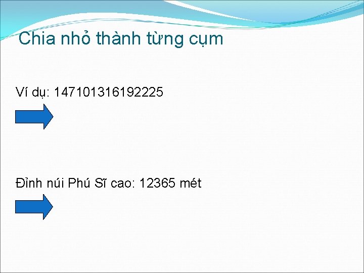 Chia nhỏ thành từng cụm Ví dụ: 147101316192225 Đỉnh núi Phú Sĩ cao: 12365