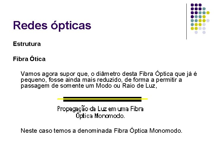 Redes ópticas Estrutura Fibra Ótica Vamos agora supor que, o diâmetro desta Fibra Óptica