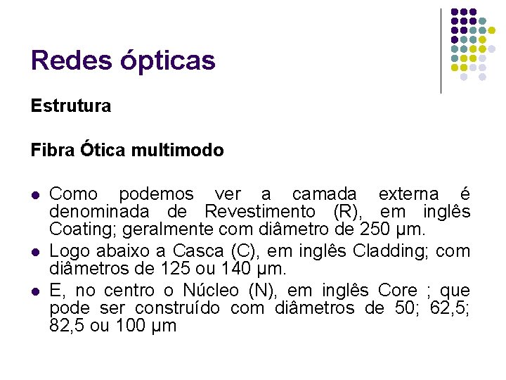 Redes ópticas Estrutura Fibra Ótica multimodo l l l Como podemos ver a camada