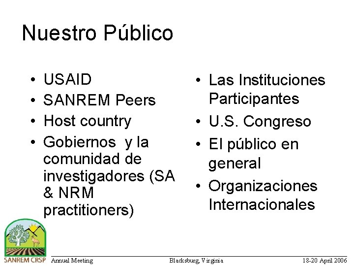 Nuestro Público • • USAID SANREM Peers Host country Gobiernos y la comunidad de