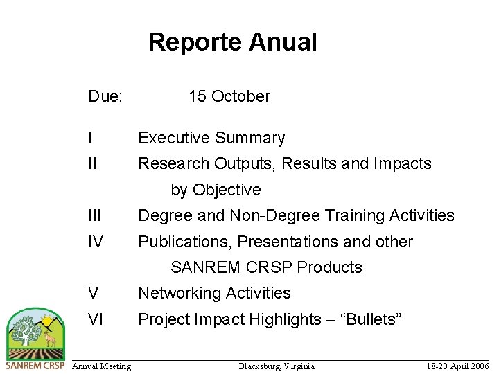 Reporte Anual Due: 15 October I Executive Summary II Research Outputs, Results and Impacts