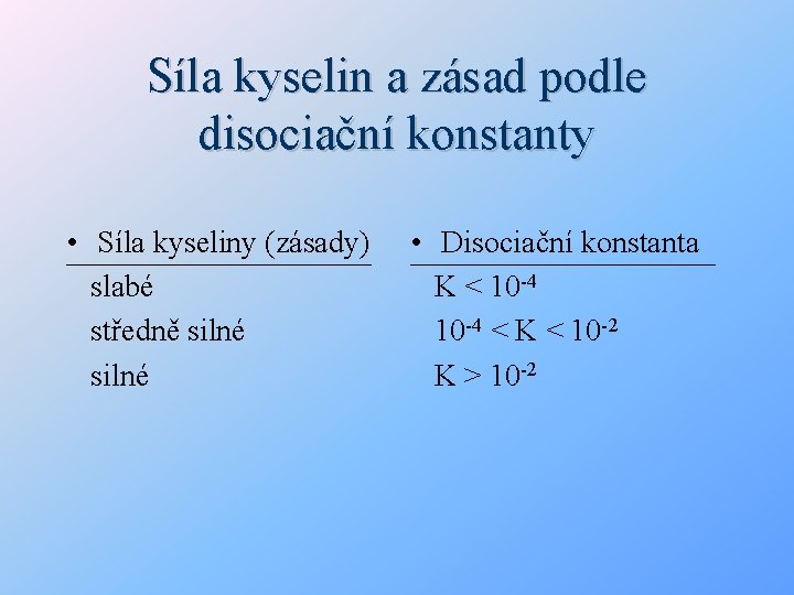 Síla kyselin a zásad podle disociační konstanty • Síla kyseliny (zásady) slabé středně silné