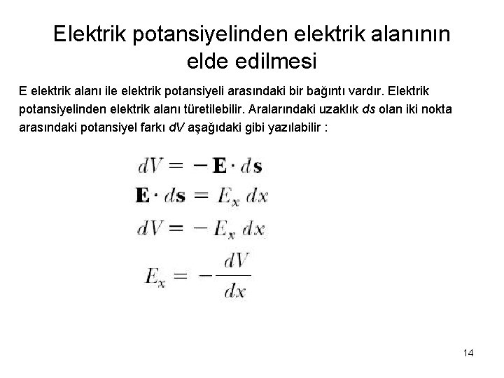 Elektrik potansiyelinden elektrik alanının elde edilmesi E elektrik alanı ile elektrik potansiyeli arasındaki bir