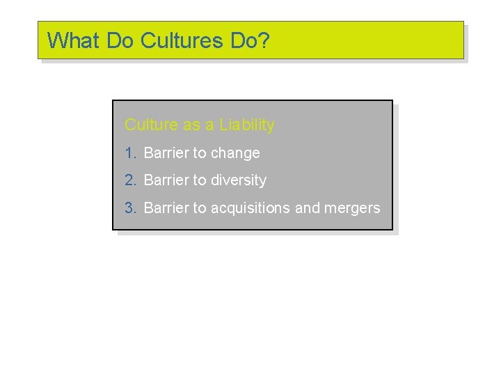 What Do Cultures Do? Culture as a Liability 1. Barrier to change 2. Barrier What Do Cultures Do? Culture as a Liability 1. Barrier to change 2. Barrier