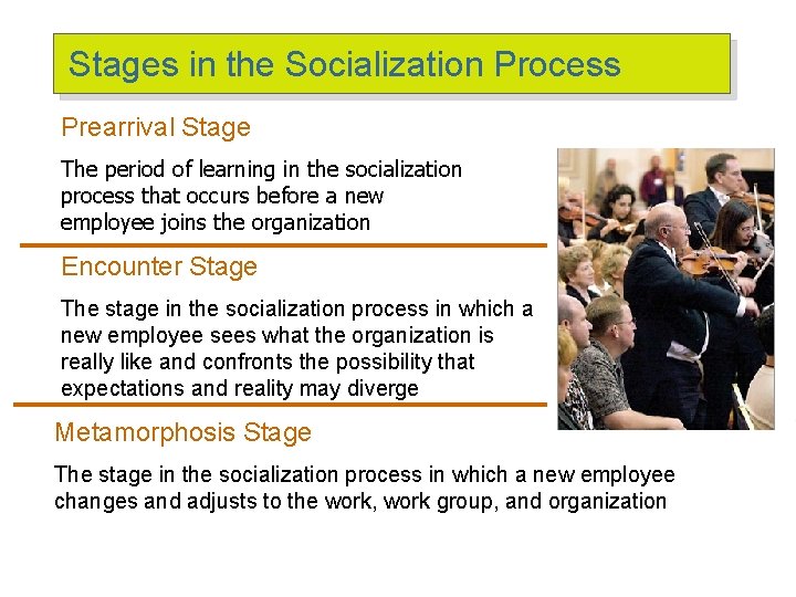 Stages in the Socialization Process Prearrival Stage The period of learning in the socialization Stages in the Socialization Process Prearrival Stage The period of learning in the socialization