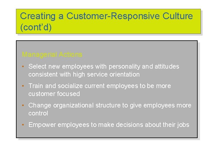 Creating a Customer-Responsive Culture (cont’d) Managerial Actions • Select new employees with personality and Creating a Customer-Responsive Culture (cont’d) Managerial Actions • Select new employees with personality and