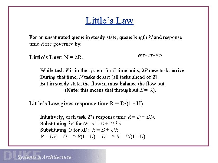 Little’s Law For an unsaturated queue in steady state, queue length N and response