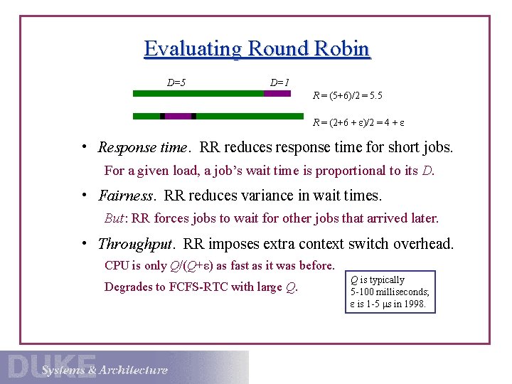 Evaluating Round Robin D=5 D=1 R = (5+6)/2 = 5. 5 R = (2+6