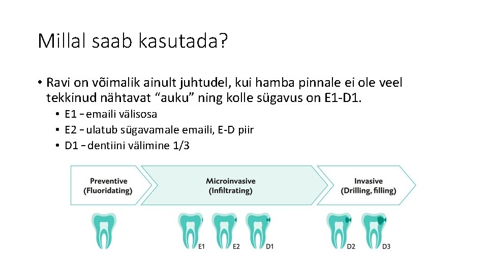 Millal saab kasutada? • Ravi on võimalik ainult juhtudel, kui hamba pinnale ei ole Millal saab kasutada? • Ravi on võimalik ainult juhtudel, kui hamba pinnale ei ole