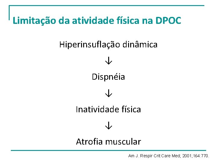 Limitação da atividade física na DPOC Hiperinsuflação dinâmica ↓ Dispnéia ↓ Inatividade física ↓ Limitação da atividade física na DPOC Hiperinsuflação dinâmica ↓ Dispnéia ↓ Inatividade física ↓