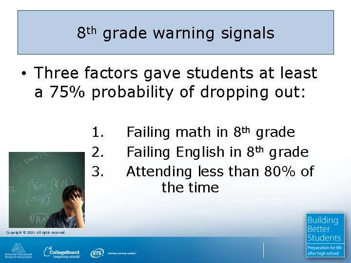 8 th grade warning signals • Three factors gave students at least a 75%