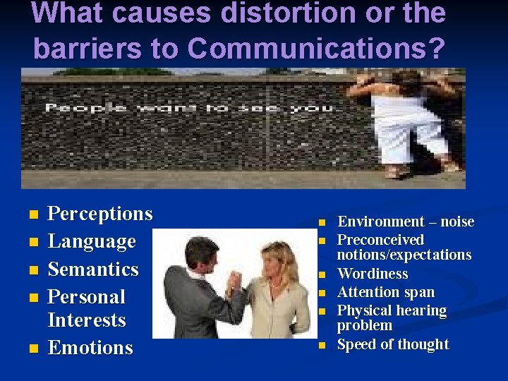 What causes distortion or the barriers to Communications? n n n Perceptions Language Semantics What causes distortion or the barriers to Communications? n n n Perceptions Language Semantics