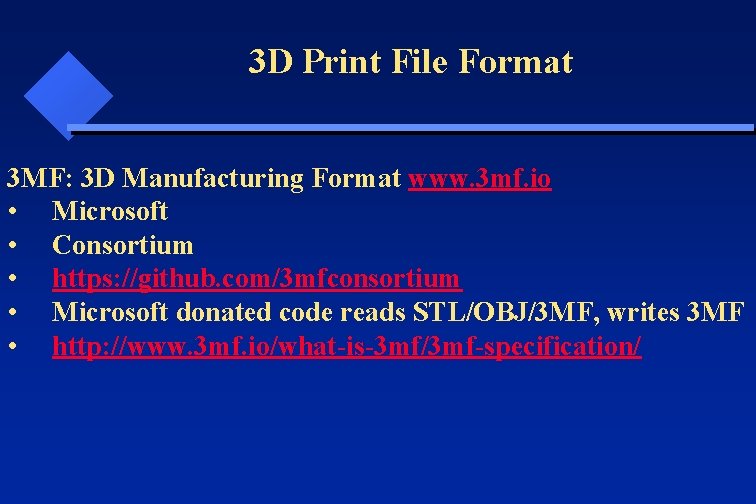 3 D Print File Format 3 MF: 3 D Manufacturing Format www. 3 mf.