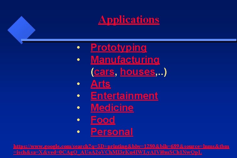 Applications • • Prototyping Manufacturing (cars, houses, . . ) Arts Entertainment Medicine Food