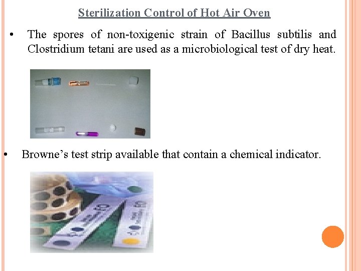 Sterilization Control of Hot Air Oven • • The spores of non-toxigenic strain of