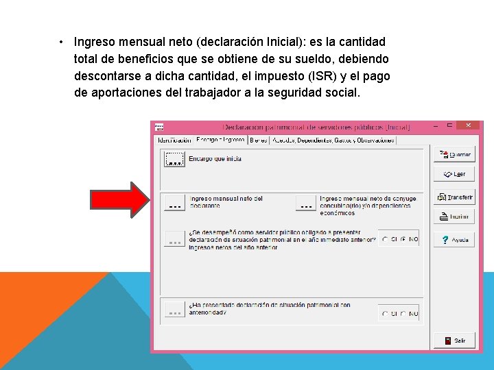  • Ingreso mensual neto (declaración Inicial): es la cantidad total de beneficios que
