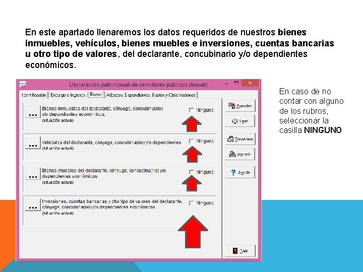 En este apartado llenaremos los datos requeridos de nuestros bienes inmuebles, vehículos, bienes muebles
