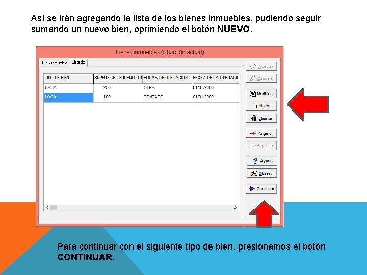 Así se irán agregando la lista de los bienes inmuebles, pudiendo seguir sumando un