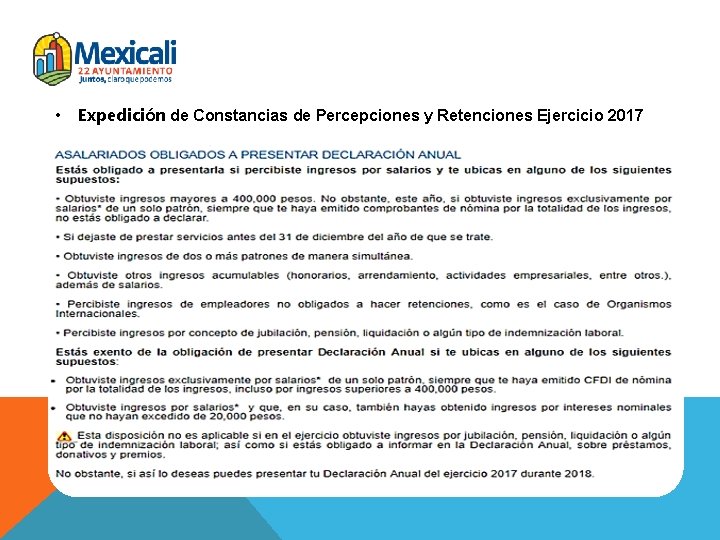  • Expedición de Constancias de Percepciones y Retenciones Ejercicio 2017 