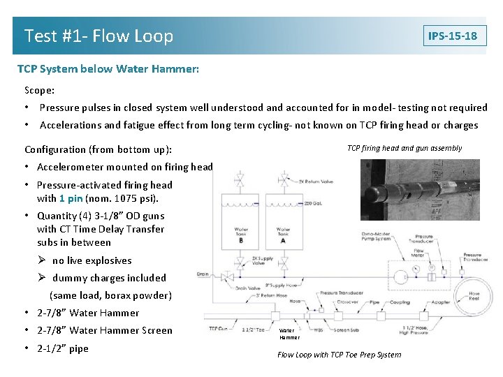 Test #1 - Flow Loop IPS-15 -18 TCP System below Water Hammer: Scope: •