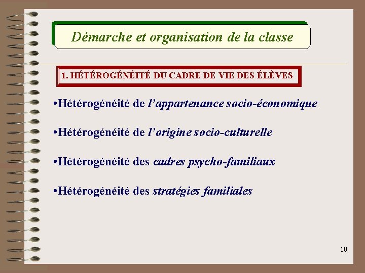 Démarche et organisation de la classe 1. HÉTÉROGÉNÉITÉ DU CADRE DE VIE DES ÉLÈVES