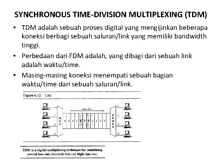 SYNCHRONOUS TIME-DIVISION MULTIPLEXING (TDM) • TDM adalah sebuah proses digital yang mengijinkan beberapa koneksi
