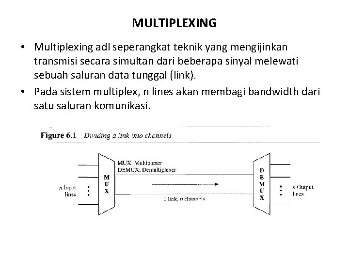 MULTIPLEXING • Multiplexing adl seperangkat teknik yang mengijinkan transmisi secara simultan dari beberapa sinyal