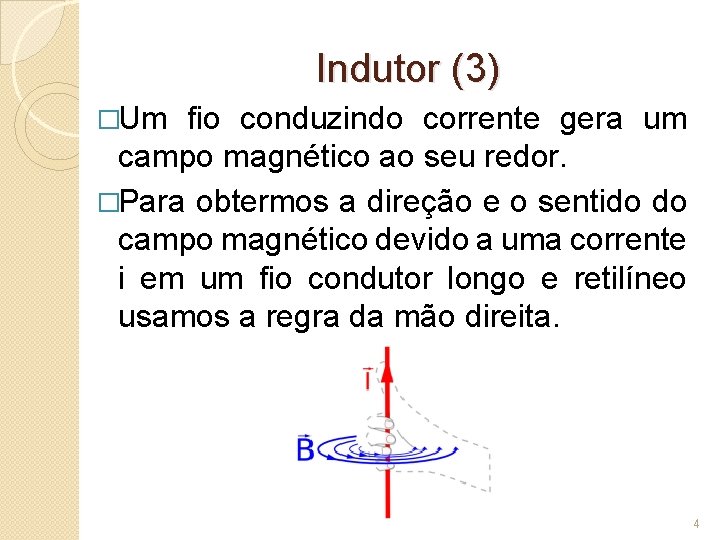 Indutor (3) �Um fio conduzindo corrente gera um campo magnético ao seu redor. �Para