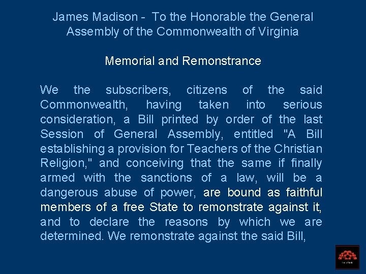 James Madison - To the Honorable the General Assembly of the Commonwealth of Virginia