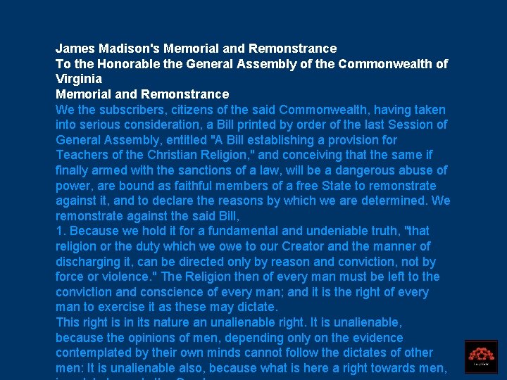 James Madison's Memorial and Remonstrance To the Honorable the General Assembly of the Commonwealth