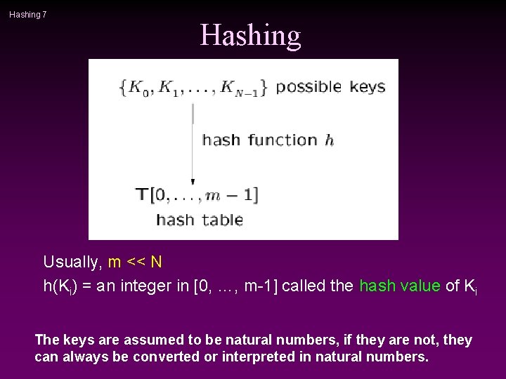 Hashing 7 Hashing Usually, m << N h(Ki) = an integer in [0, …,