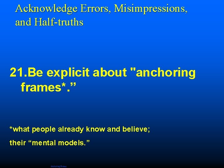 Acknowledge Errors, Misimpressions, and Half-truths 21. Be explicit about "anchoring frames*. ” *what people
