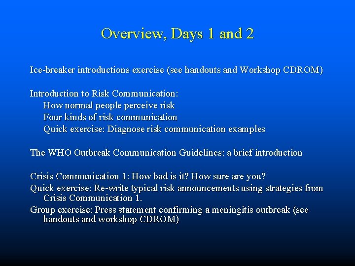 Overview, Days 1 and 2 Ice-breaker introductions exercise (see handouts and Workshop CDROM) Introduction