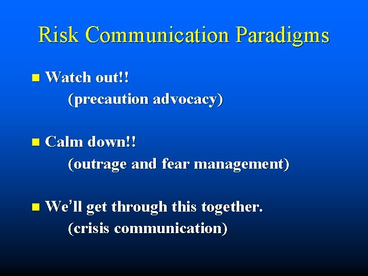 Risk Communication Paradigms n Watch out!! (precaution advocacy) n Calm down!! (outrage and fear