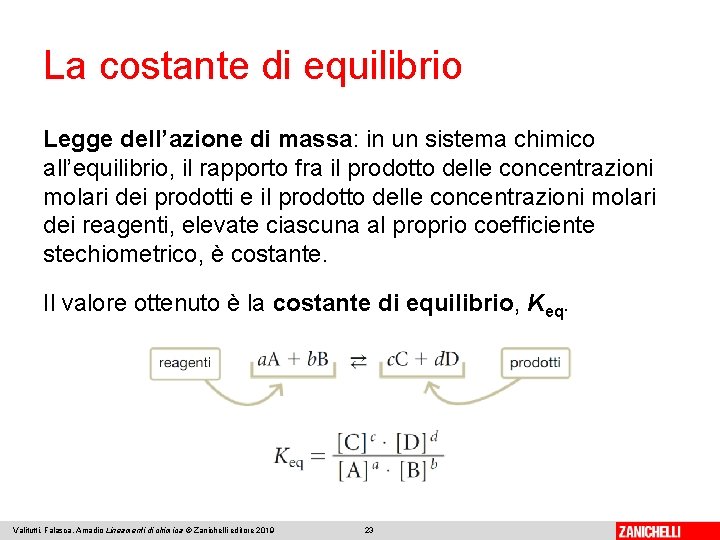 La costante di equilibrio Legge dell’azione di massa: in un sistema chimico all’equilibrio, il