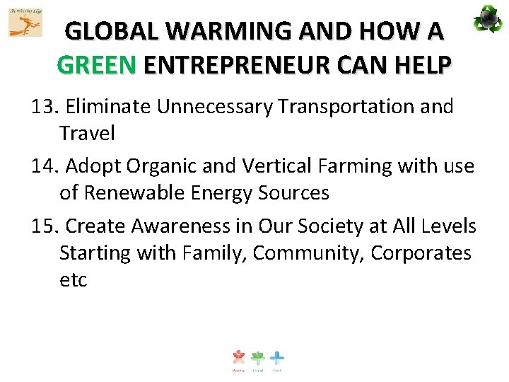 GLOBAL WARMING AND HOW A GREEN ENTREPRENEUR CAN HELP 13. Eliminate Unnecessary Transportation and