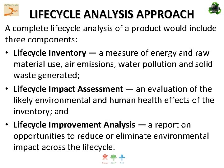 LIFECYCLE ANALYSIS APPROACH A complete lifecycle analysis of a product would include three components: