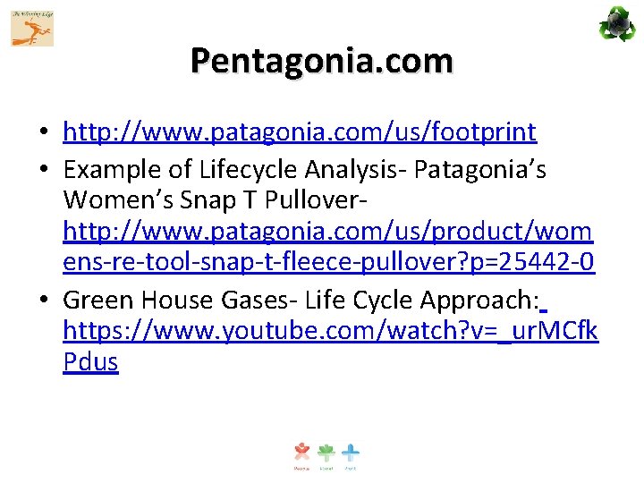 Pentagonia. com • http: //www. patagonia. com/us/footprint • Example of Lifecycle Analysis- Patagonia’s Women’s