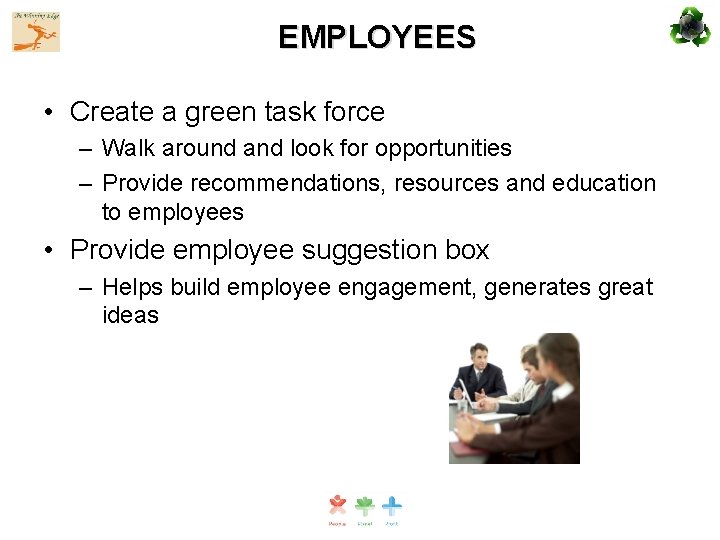 EMPLOYEES • Create a green task force – Walk around and look for opportunities