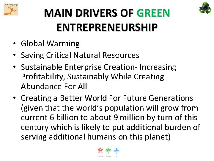 MAIN DRIVERS OF GREEN ENTREPRENEURSHIP • Global Warming • Saving Critical Natural Resources •