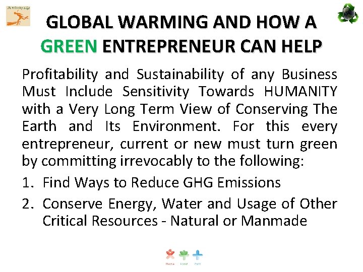 GLOBAL WARMING AND HOW A GREEN ENTREPRENEUR CAN HELP Profitability and Sustainability of any