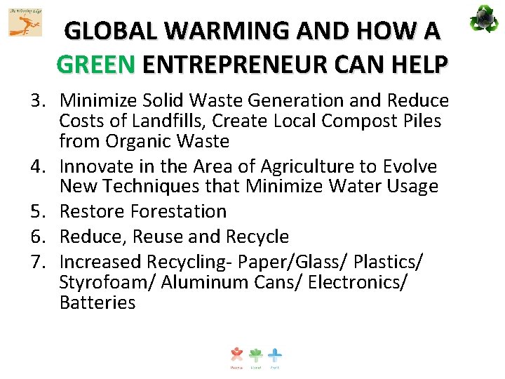 GLOBAL WARMING AND HOW A GREEN ENTREPRENEUR CAN HELP 3. Minimize Solid Waste Generation